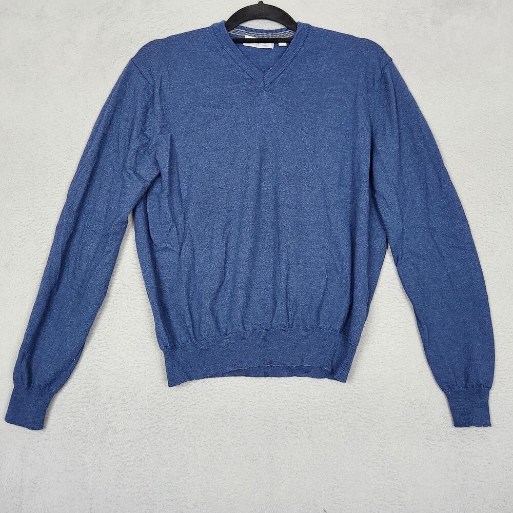 Toscano Firenze Sweater Mens Medium Blue Merino Wool V Neck Pullover Knit Soft